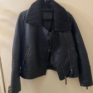 Bomber jacket- faux leather with Sherpa style collar zippers